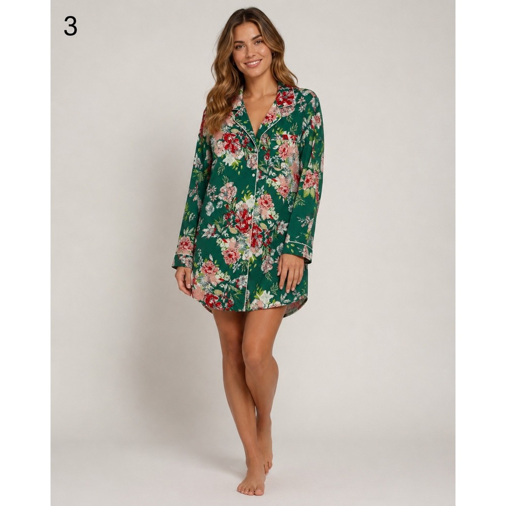 Cupcakes and Cashmere Green Floral Long Sleeve Button Front Sleep Shirt‎ Medium